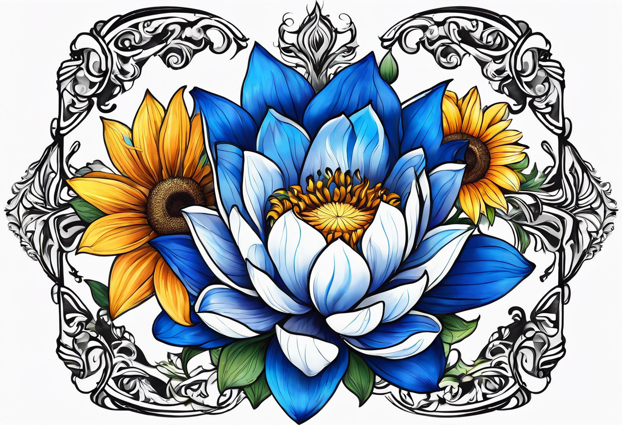 Blue lotus, sunflower, and fire lily flowers representing the holy trinity tattoo idea