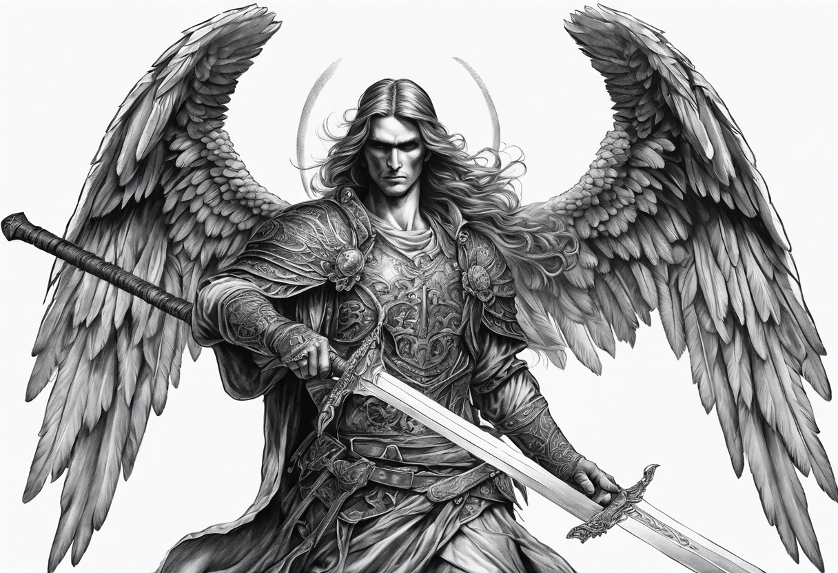 realistic angel of death, full man body, without face, holding one sword in both hands, sword pointing downwards, skulls lying on the ground tattoo idea