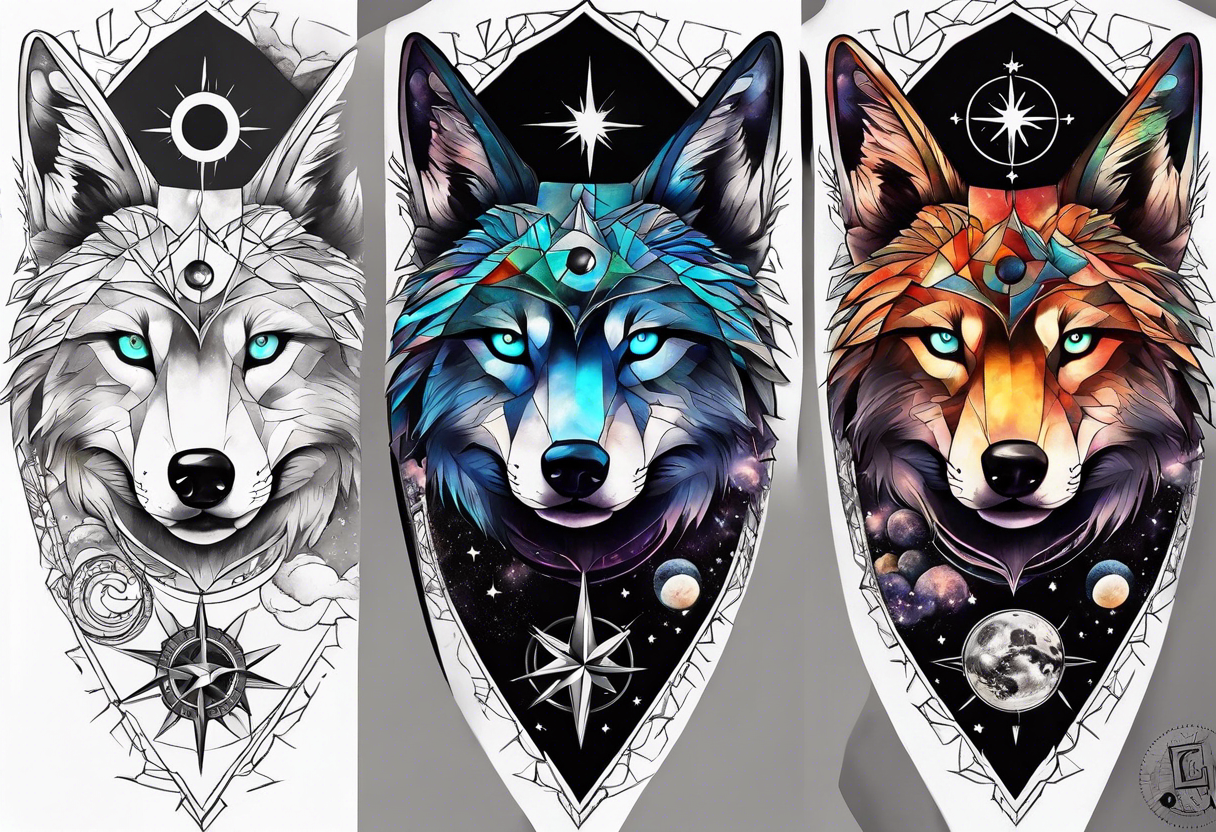 a tattoo sleeve with: A yin yang, A compass, A geometric wolf, A galaxy scene with planets and stars. tattoo idea