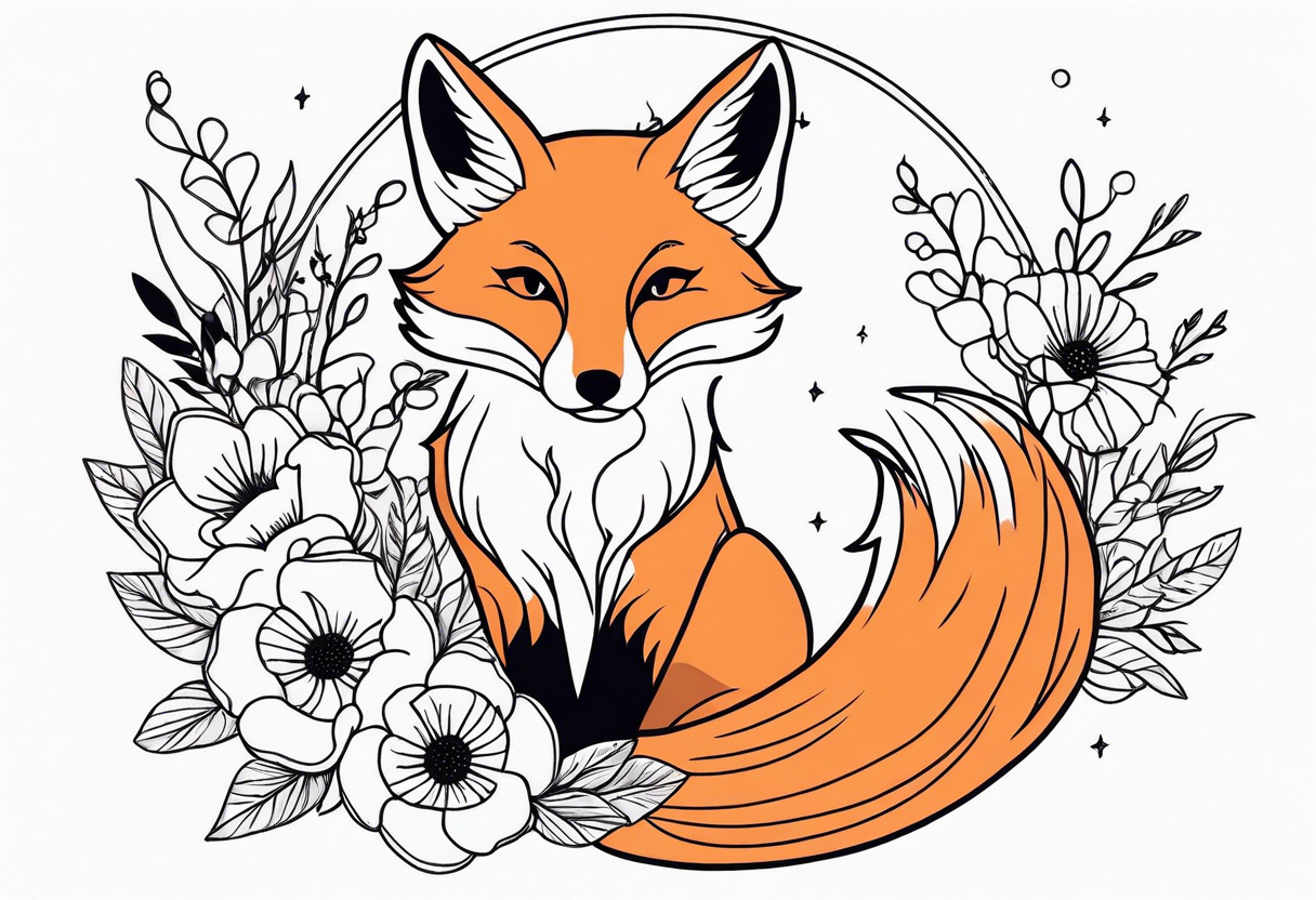 feminin minimalist flowers with fox full body tattoo idea