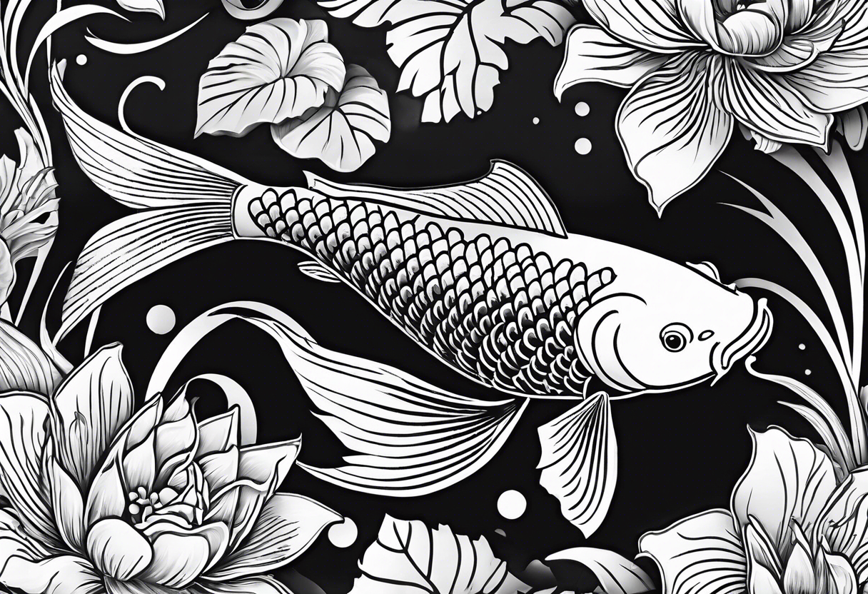 koi fish in pond on white background, black and white, intricate Polynesian tattoo, for laser engraving tattoo idea