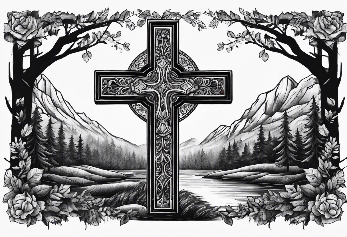 A cross at the end of the forest tattoo idea