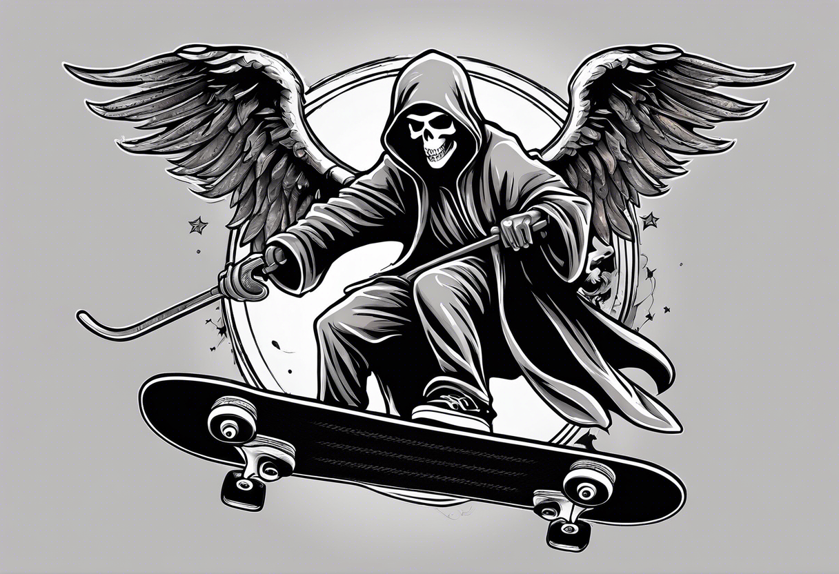 the grim reaper riding a skateboard with an angel halo above his head tattoo idea