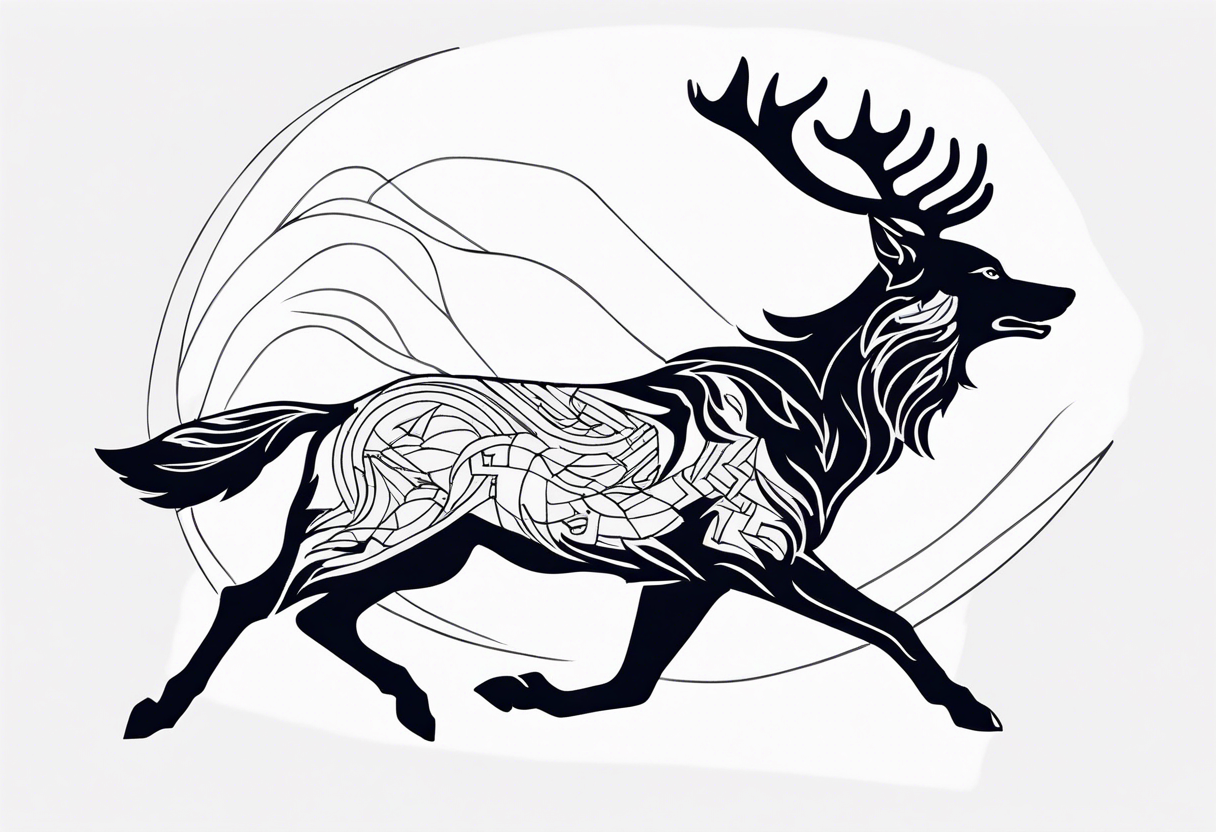 stag running with wolf tattoo idea