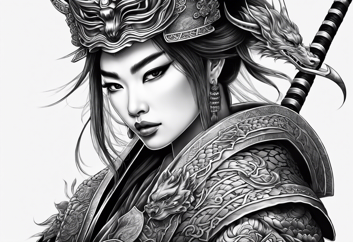 female warrior in samurai clothing half covering her face with a mask and twin dragons tattoo idea