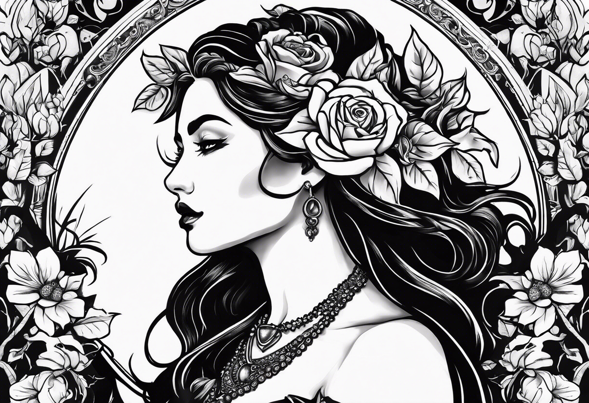 persephone goddess theme tattoo with a dark or gothic perspective. Include pomegranate, flowers and her being the queen of the underwood tattoo idea