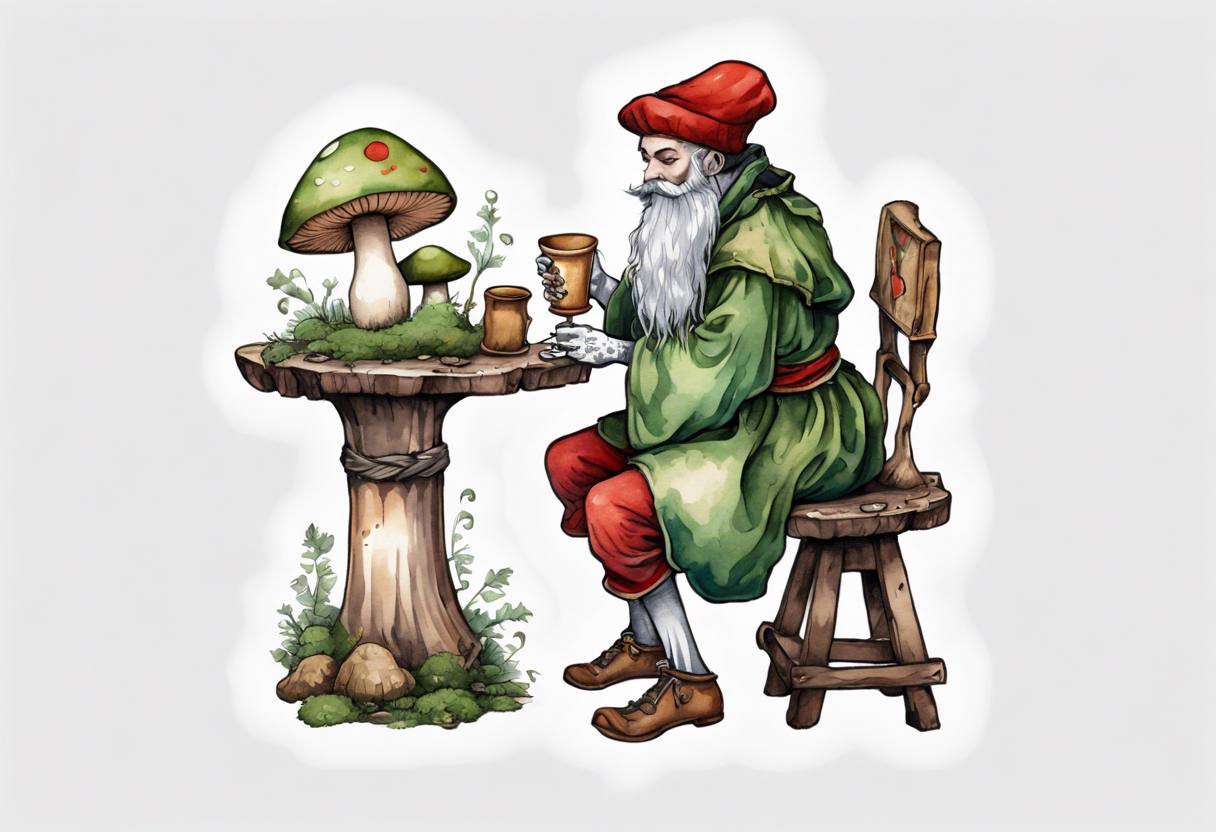 a mushroom with a mossy beard wearing medieval clothes sitting on a stool drinking from a wood cup tattoo idea