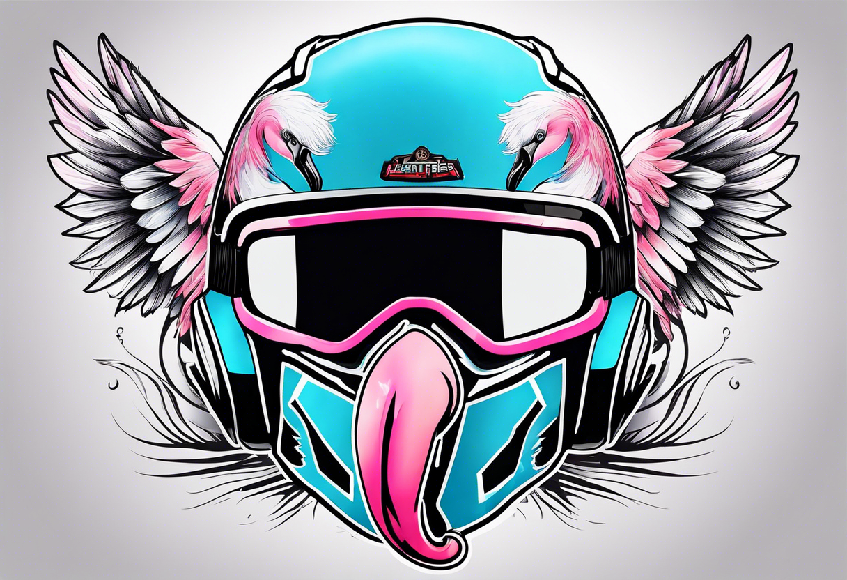 formula 1 helment with a palm tree a flamingo and black light blue and pink colors tattoo idea