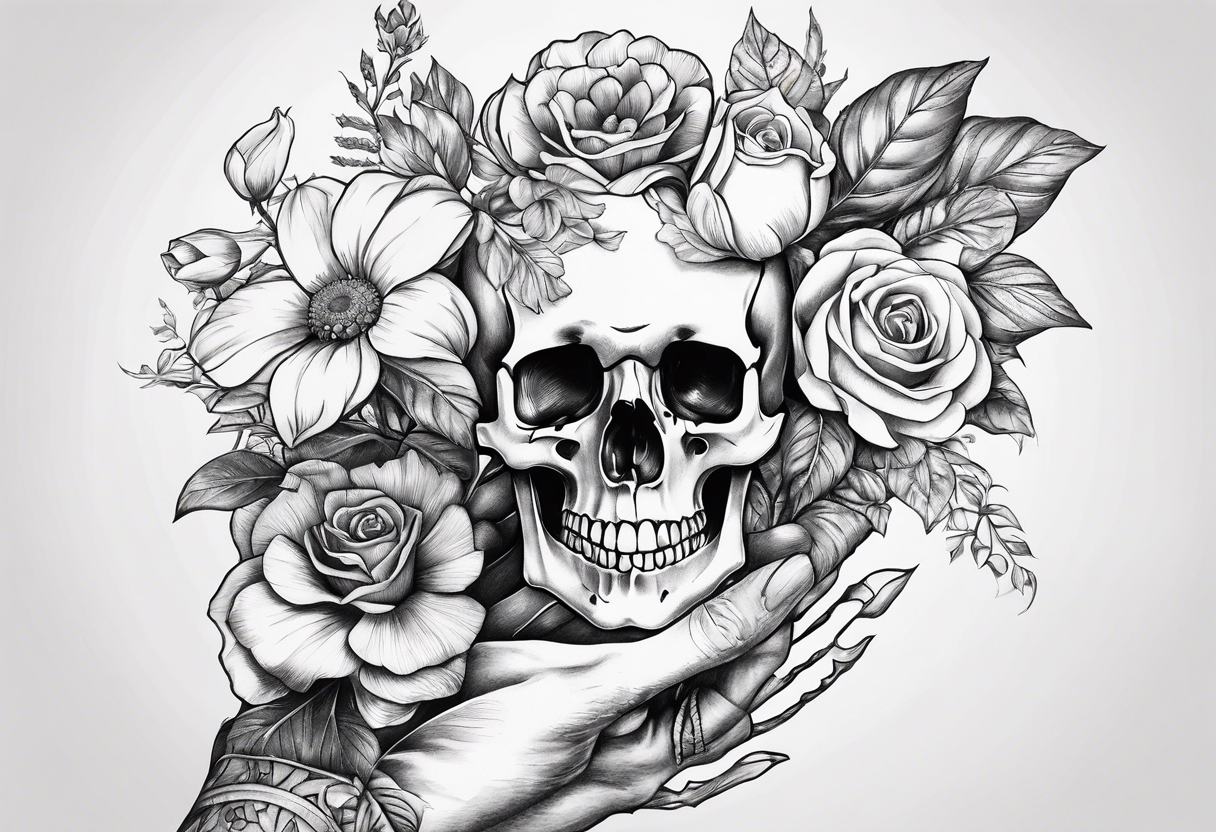 Skeleton hand holding bouqet of flowers tattoo idea