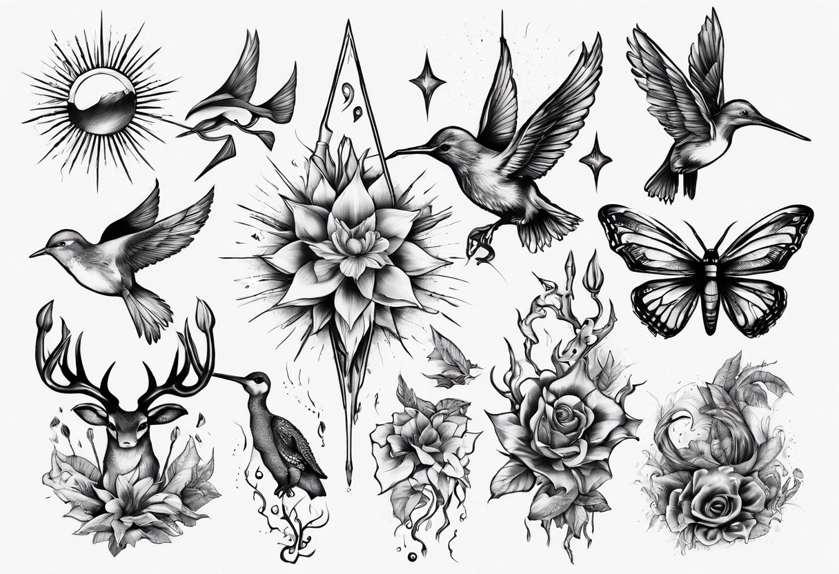 Wasser, Nymphe, Fisch, Hirsch, Wald, Waffe, Sonne, Kolibri tattoo idea