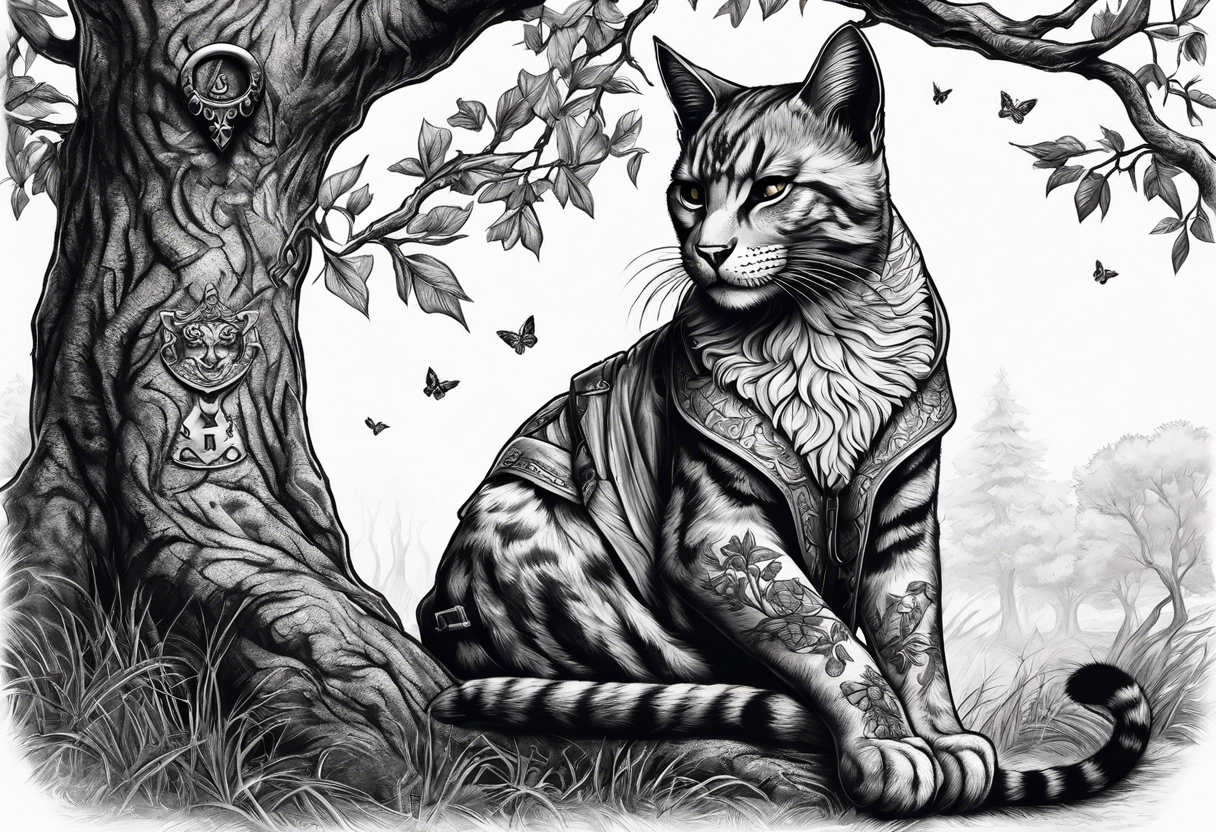 Khajiit sitting under an oak tree with a coin purse and dagger tattoo idea