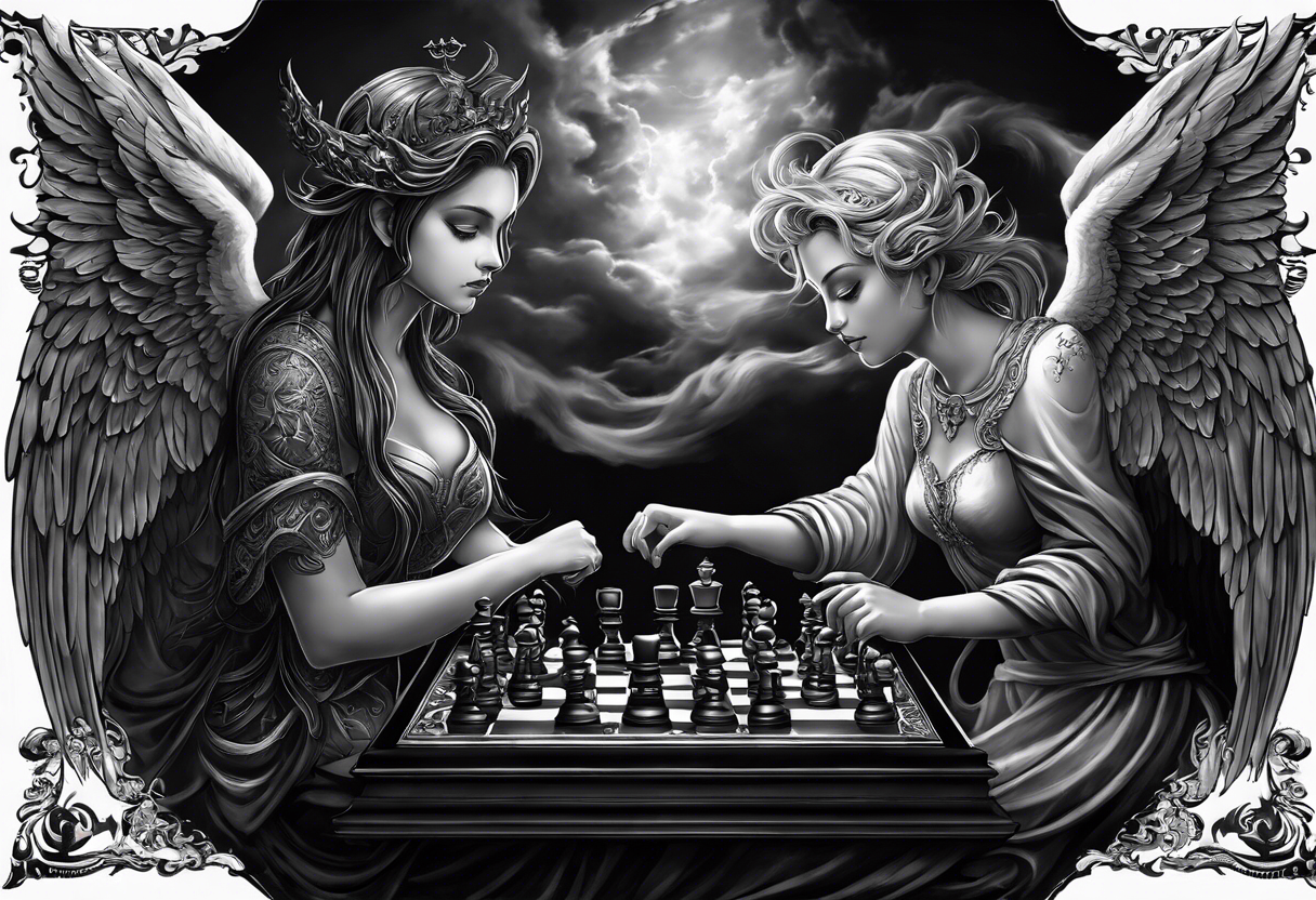 Depict an angel and demon playing chess on a board that morphs from celestial clouds to fiery inferno, representing the merging of the spiritual realms in the eternal game. tattoo idea