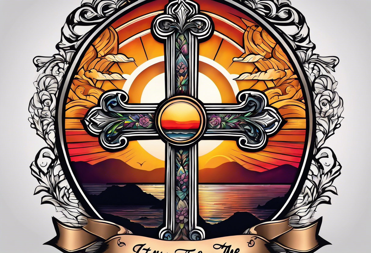 A cross with a ribbon around it with the text stay true to who you are with the colors of a sunset fading out from behind it tattoo idea