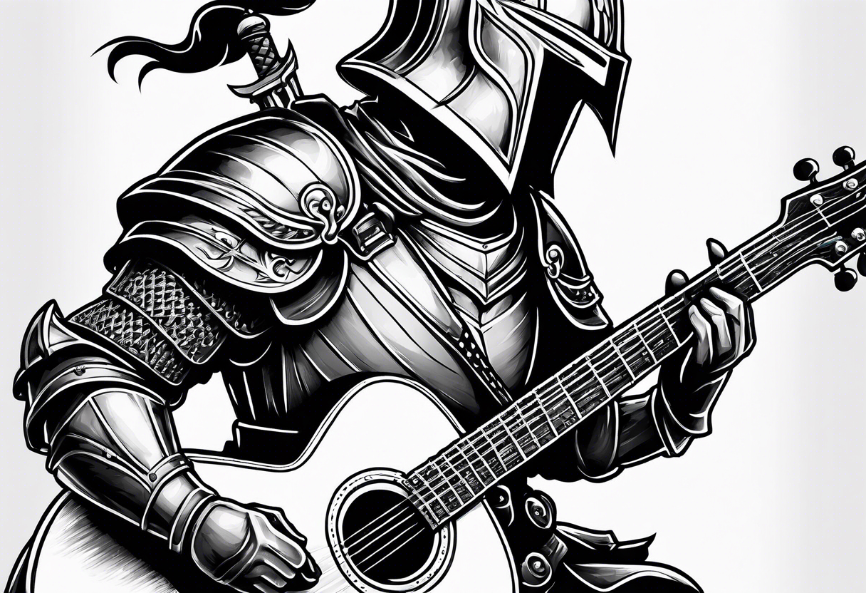 Armor of God knight holding sword and acoustic 
guitar tattoo idea