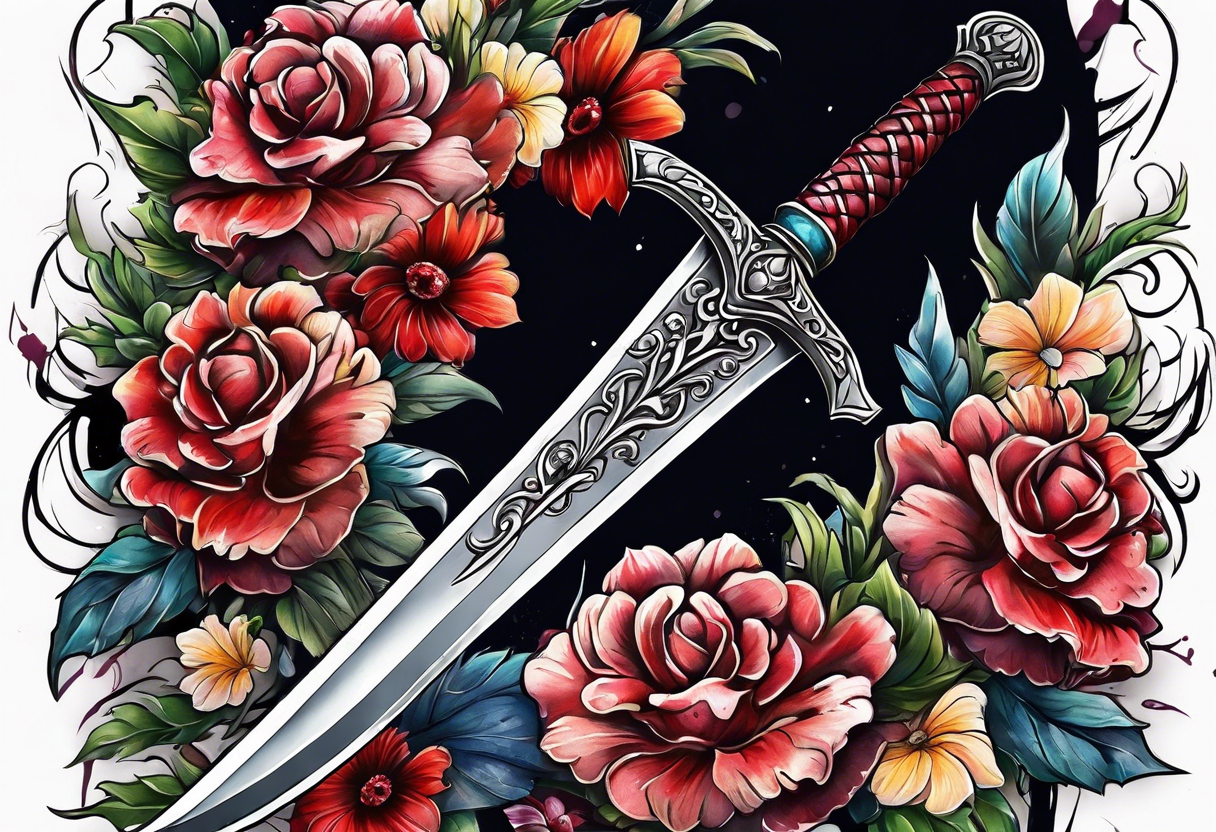 bloody sword with flowers tattoo idea
