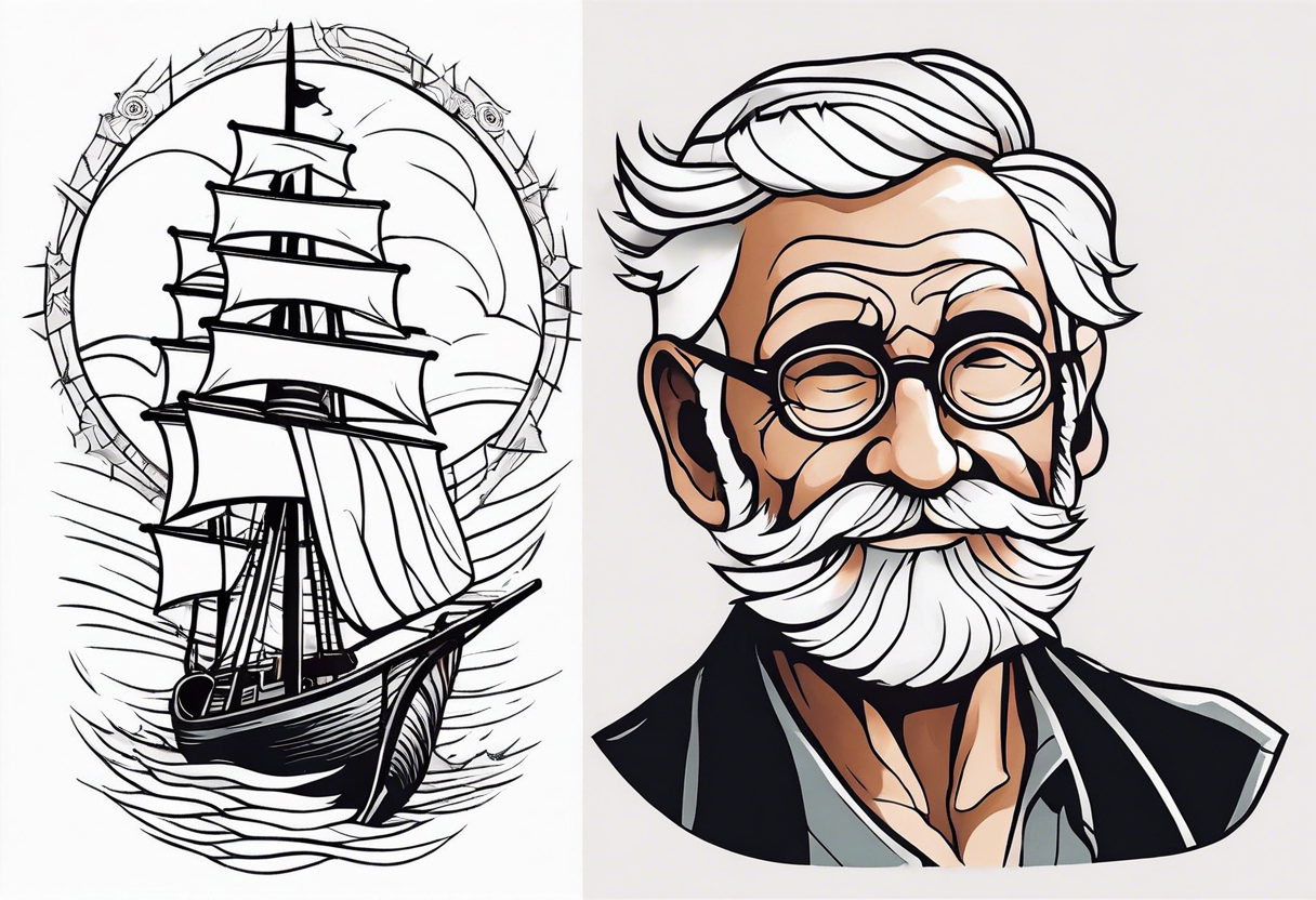 Old man turning ships that looks like a compas rose  wheel in a storm tattoo idea