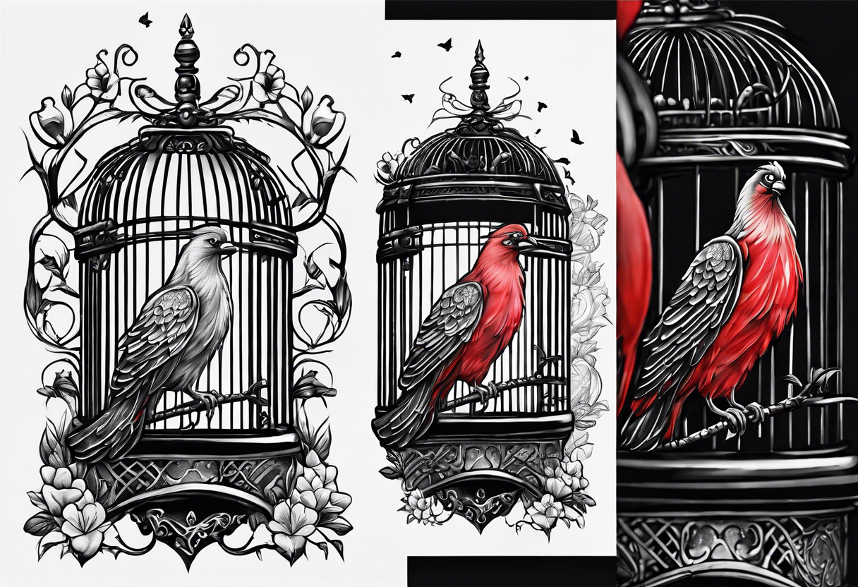 neo traditional decoration only on the left side, on the top of a long bird cage with a too big bird in it. tattoo idea