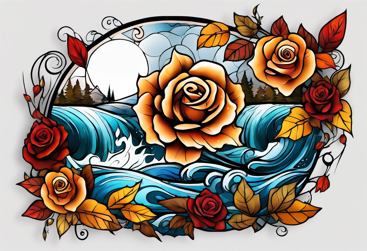 thigh tattoo in fall colors, showing, water flow, rocks, sky, clouds, leaves, roses tattoo idea