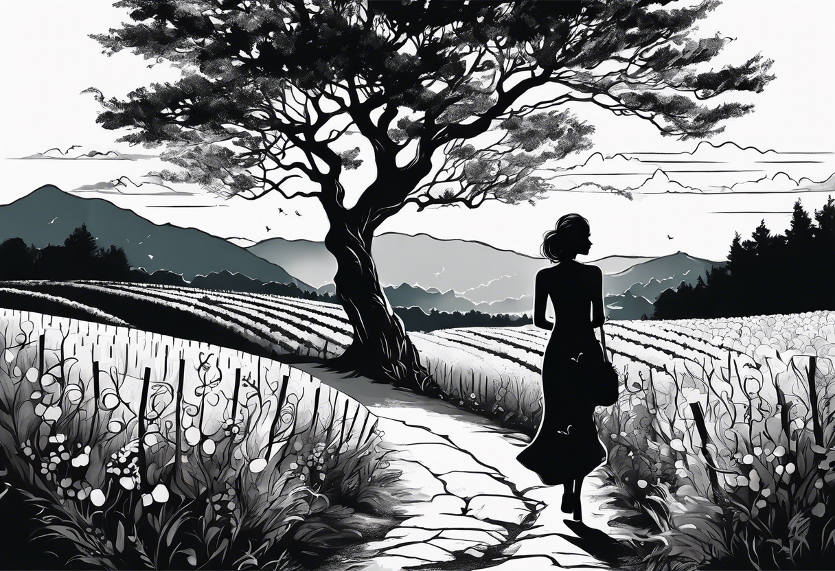 female silhouette walking from vineyards to forests to mountains tattoo idea