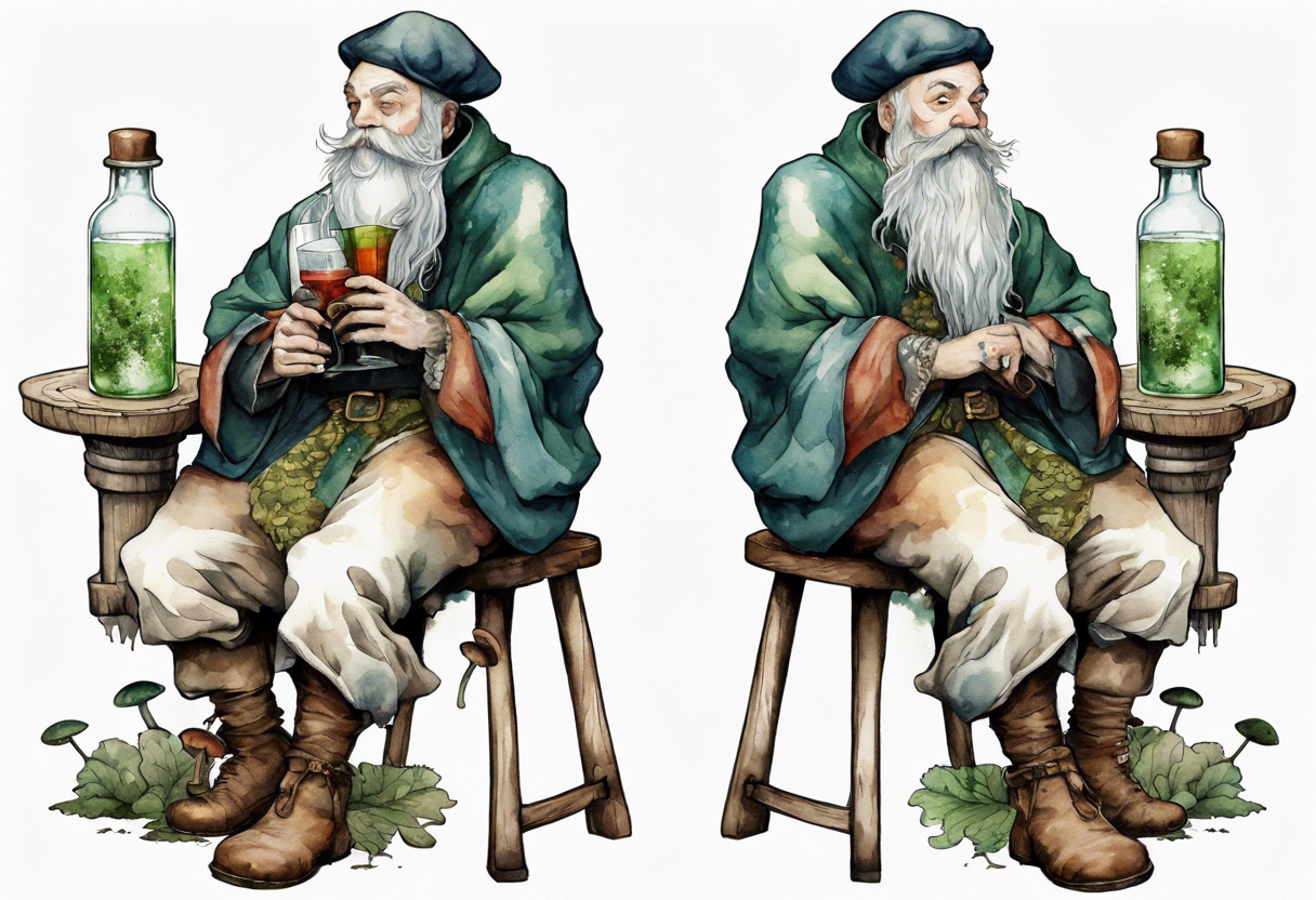 a mushroom with a mossy beard wearing medieval clothes sitting on a stool drinking from a bottle tattoo idea