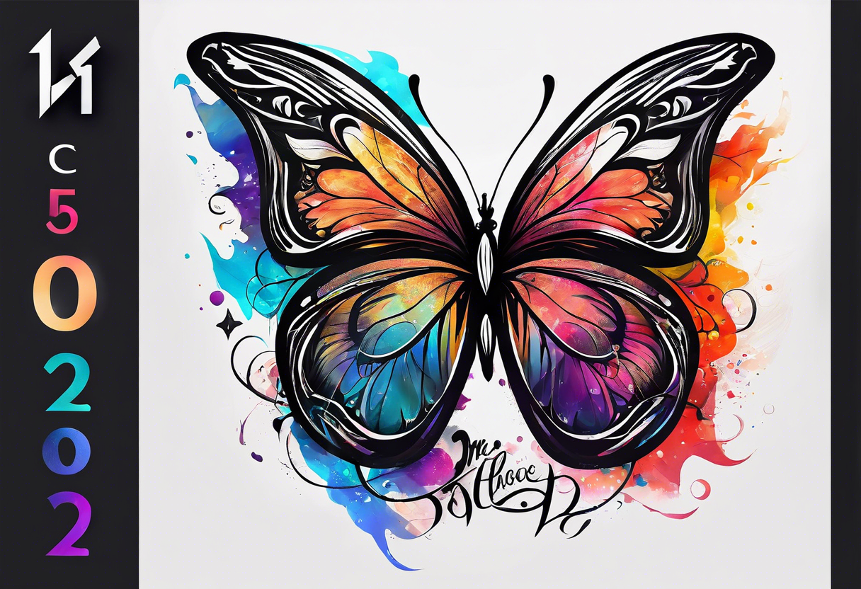 butterfly with one wing black scribbles, the other wing beautiful and colorful, the body has the date 1.9.2023 and the words written "I chose to live." tattoo idea