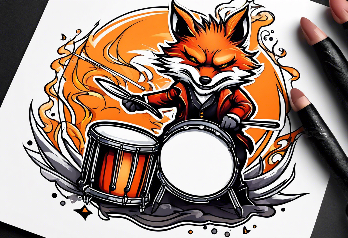 Evil fox playing drums tattoo idea