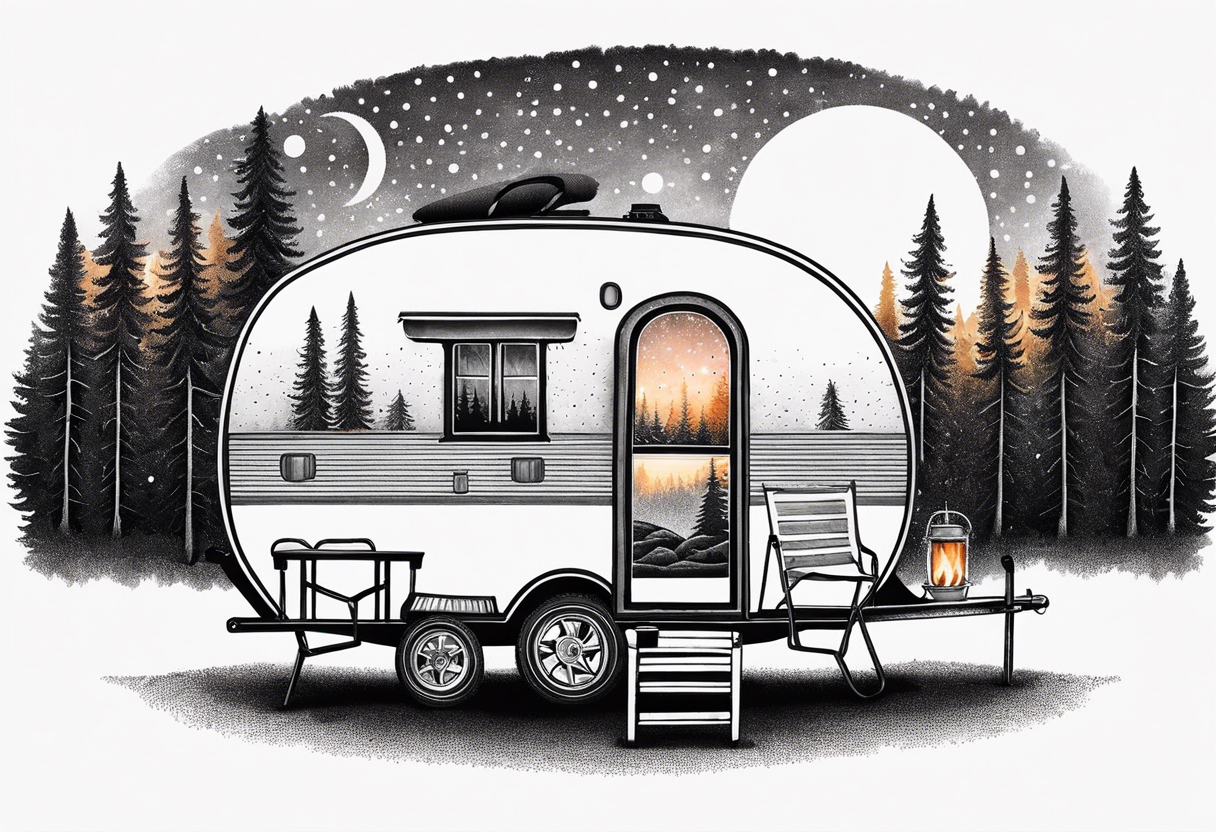 Small camper trailer with campfire and four chairs tattoo idea