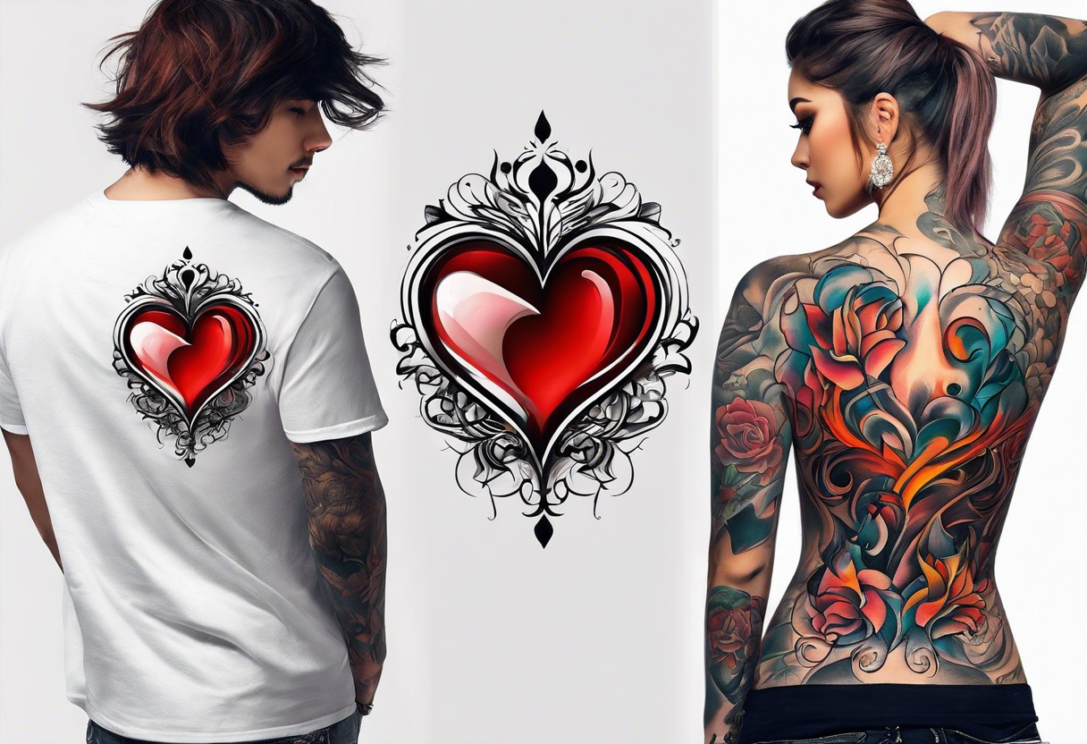 A girl with an empty heart and a guy with a burning heart. They stand back to back tattoo idea