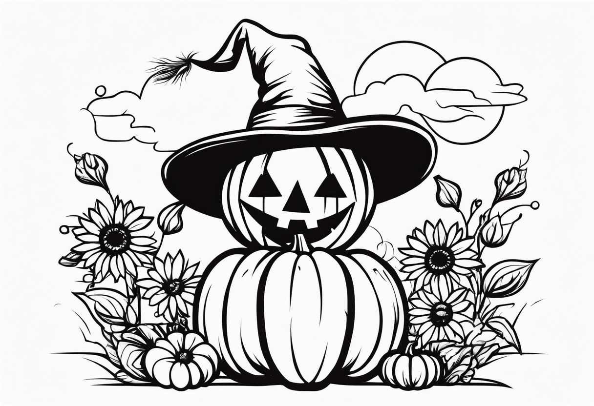 friendly scarecrow with pumpkins and flowers tattoo idea