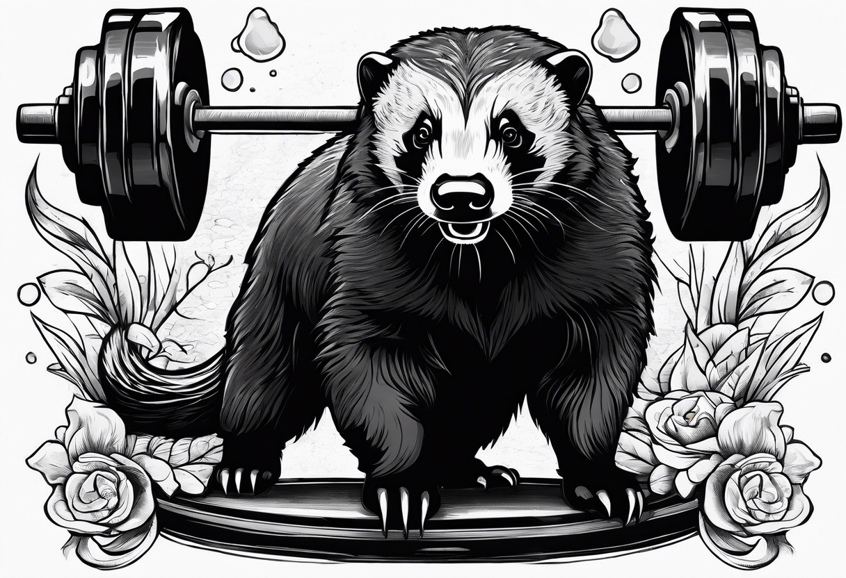 Muscular old honey badger lifting weights tattoo idea