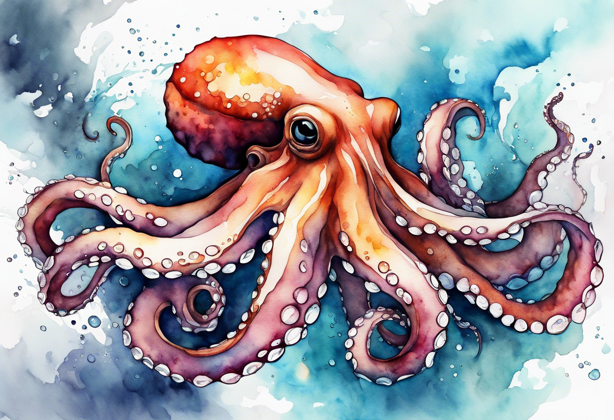 Using the watercolor technique to create a soft, flowing depiction of an octopus, with vibrant colors that bleed outside the lines to represent the fluidity of water. tattoo idea