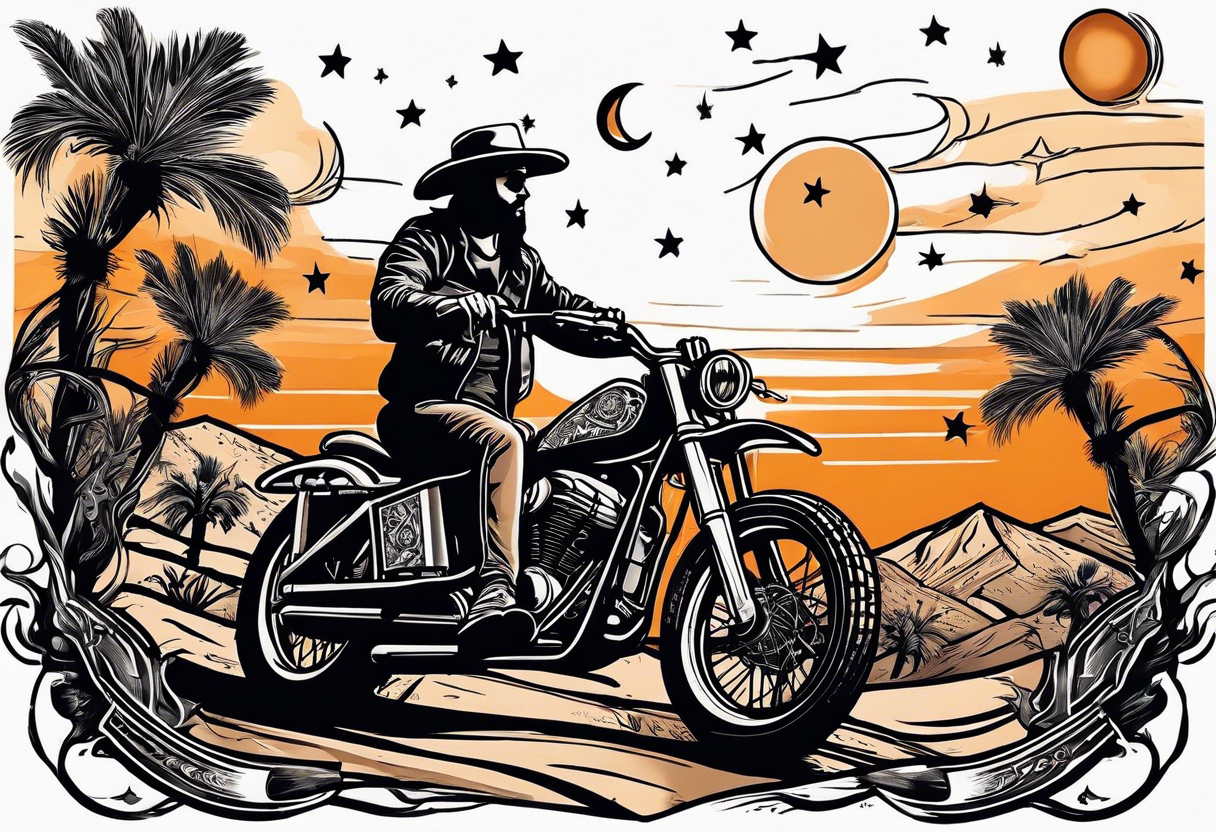 Acoustic Guitar by a campfire with a desert landscape and dirt bike silhouette and a half moon and stars tattoo idea