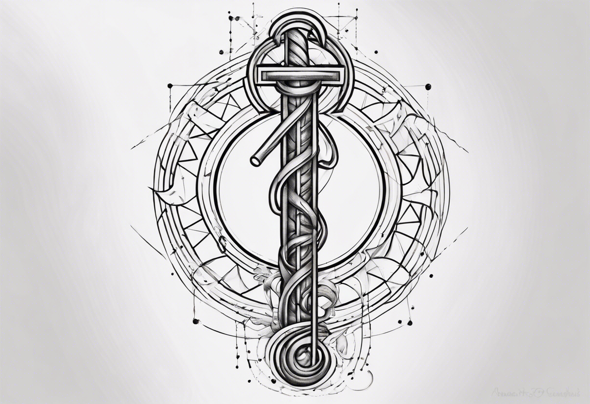 fine line Rod of Asclepius
 with "T1D" at the top with triangles and circles and squares in the background tattoo idea