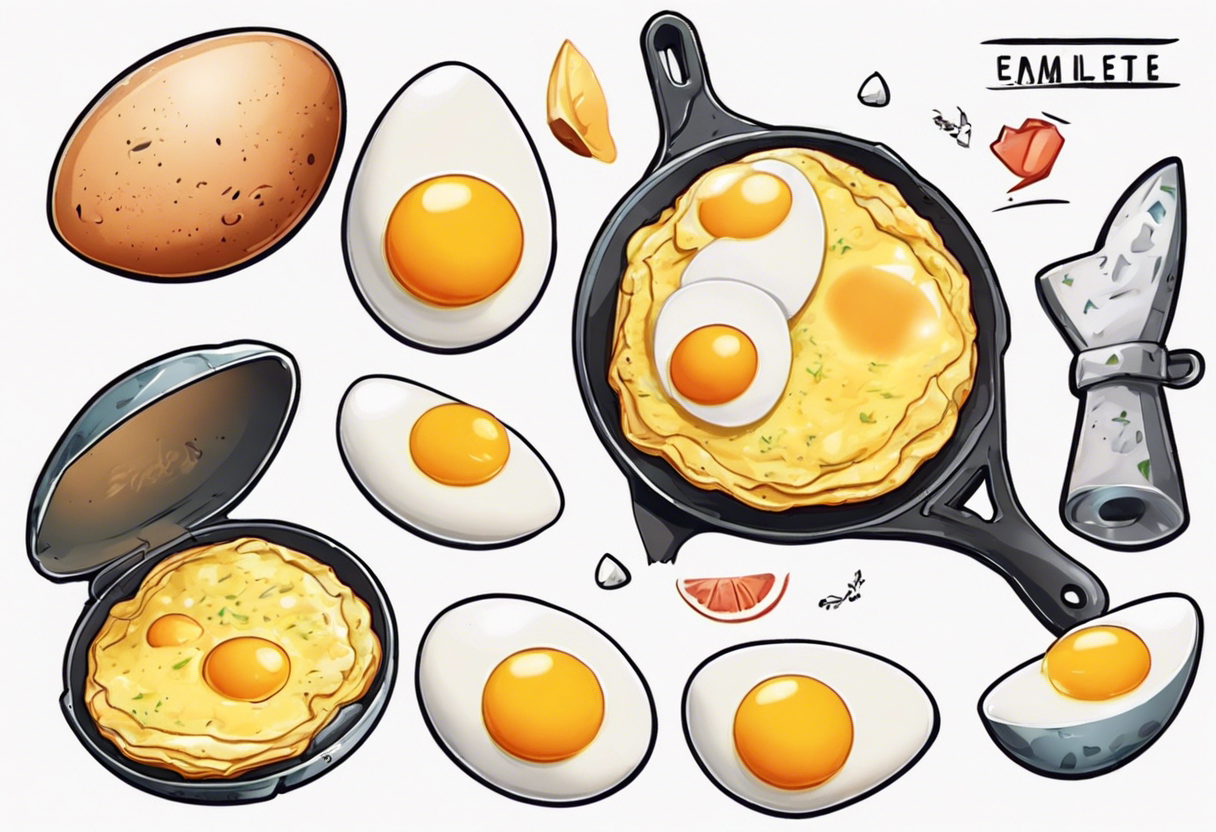 A round, thin omelette made from five eggs, with a triangular piece cut out containing the yolk tattoo idea