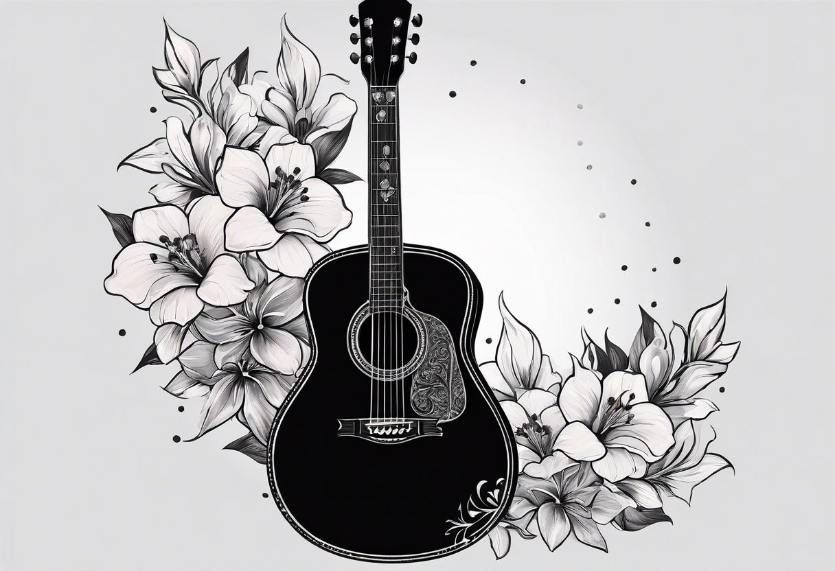 flat basic black acoustic guitar, entire guitar, wrapped with lilies around the neck, with a simple black star on the guitar body. meant for the inside of a woman's bicep tattoo idea