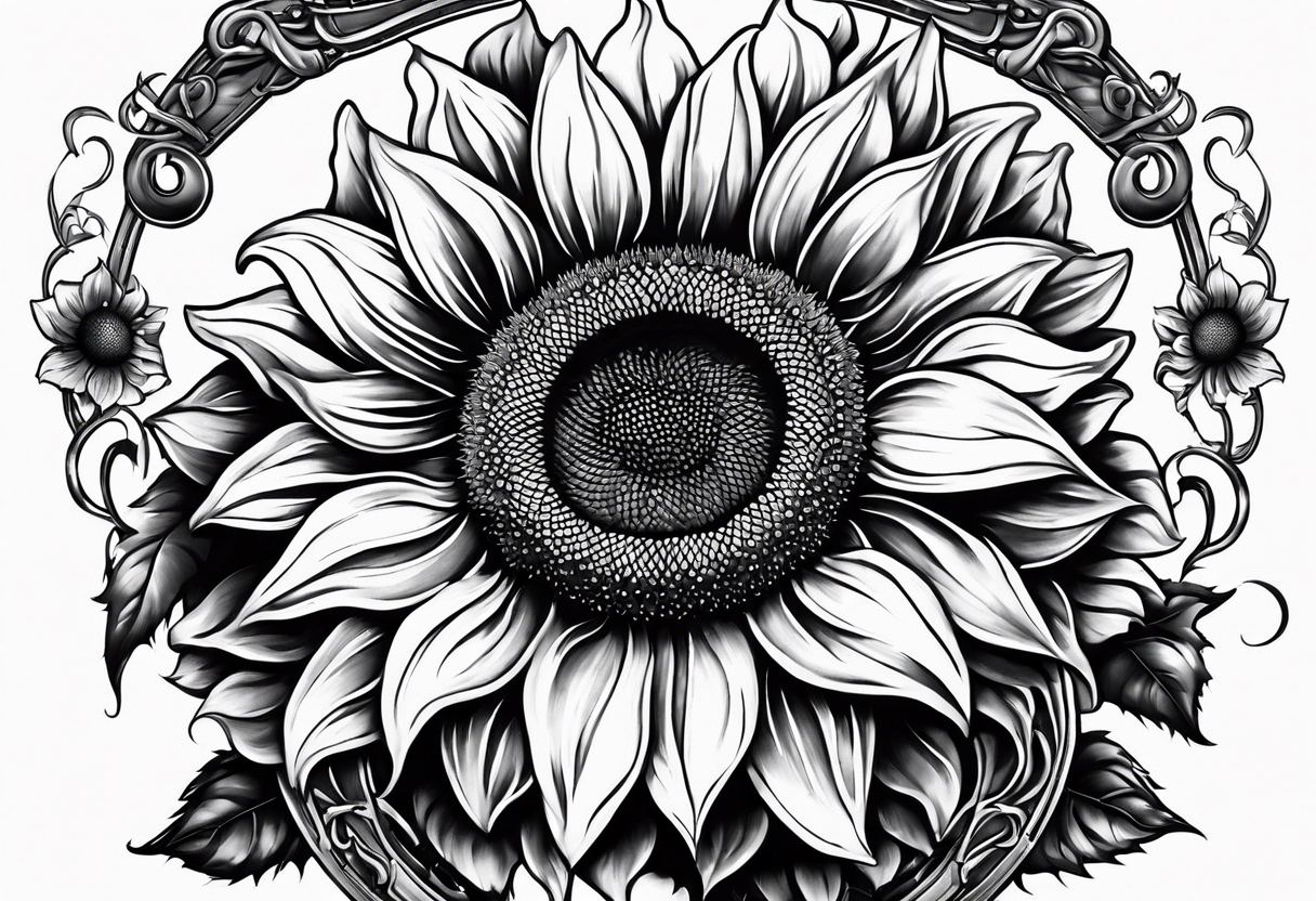 Realistic Horseshoe around a sunflower tattoo idea