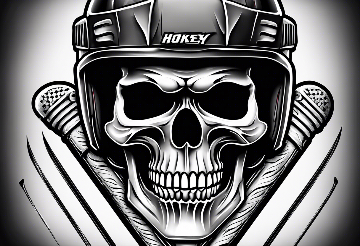 hockey skull with helmet and hockey stick and hockey puck tattoo idea