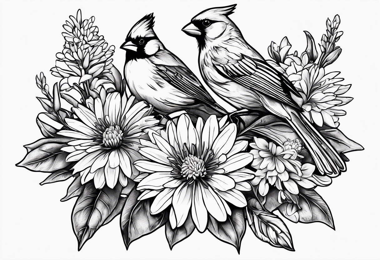 Bouquet of Aster flowers and sea rocket flowers with a cardinal around the words Dad tattoo idea