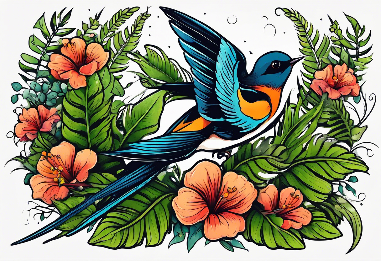 Swallow birds and floral background with ferns tattoo idea