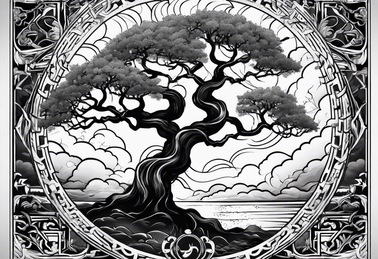 a tree of life in the middle of a lightening storm tattoo idea