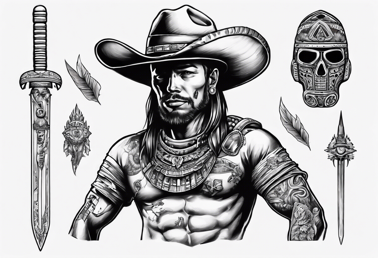 spaceman with a cowboy hat holding a aztec sword tattoo idea