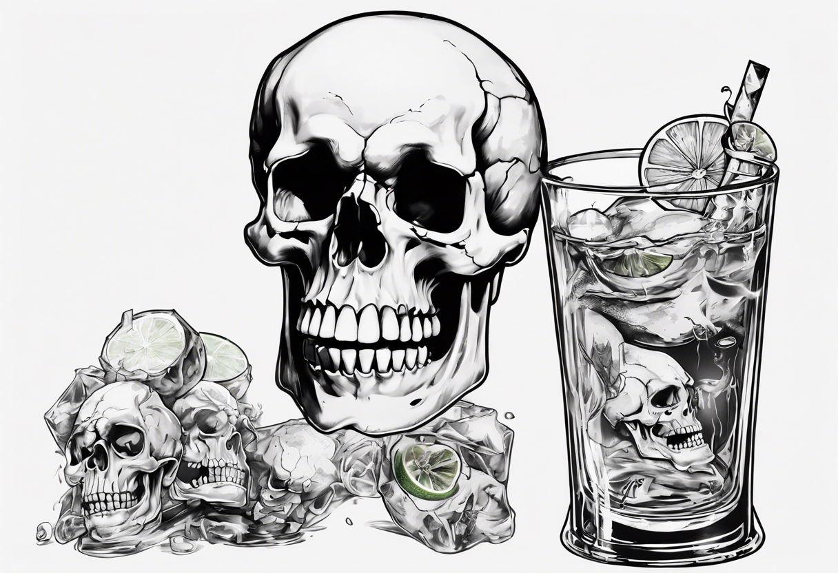 A happy, looking to the left scull inside the glass with alcohol and piece of lime tattoo idea