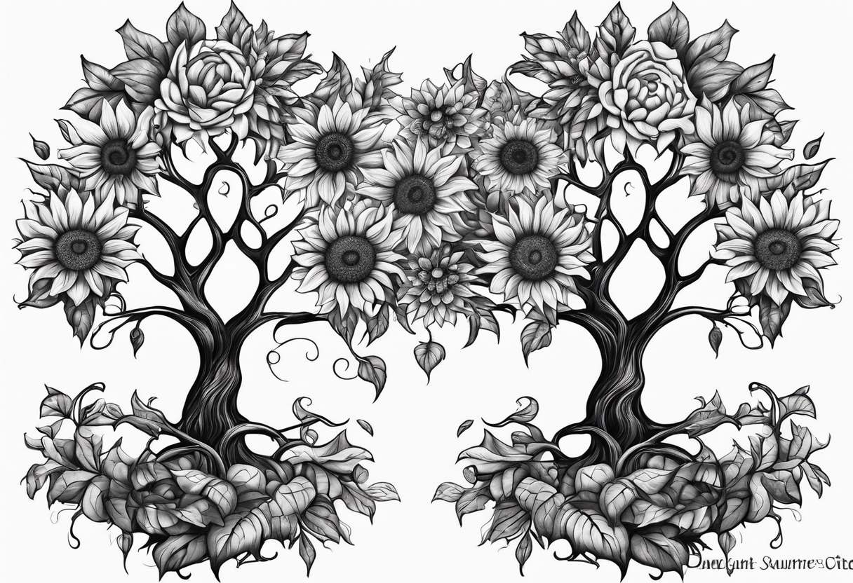 Feminine Yggdrasil tree with two sunflowers tattoo idea