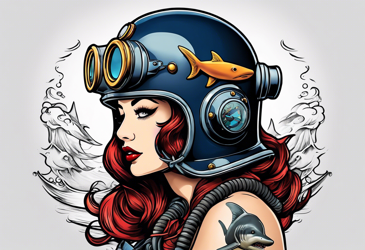 Navy Diving helmet with a shark and pin up girl tattoo idea