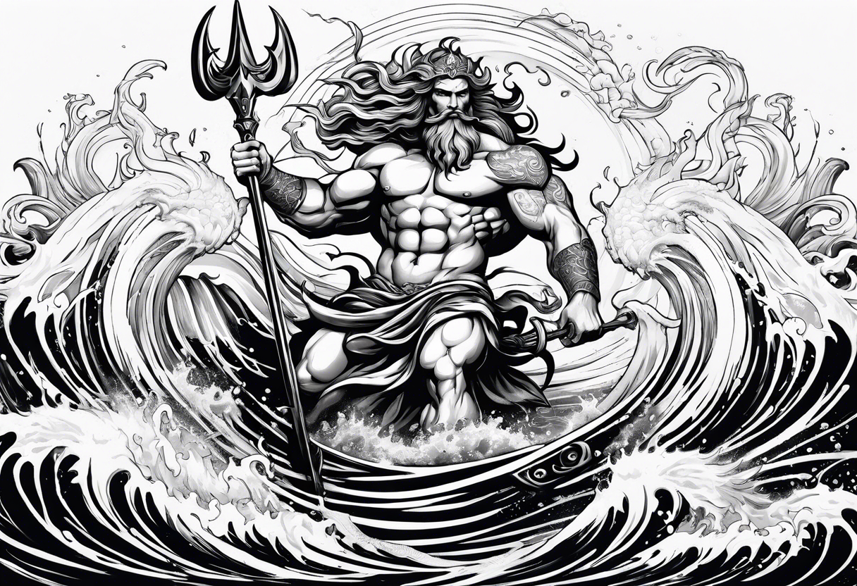 Poseidon holding a trident in stormy water surrounded by sirens and a sea serpent tattoo idea