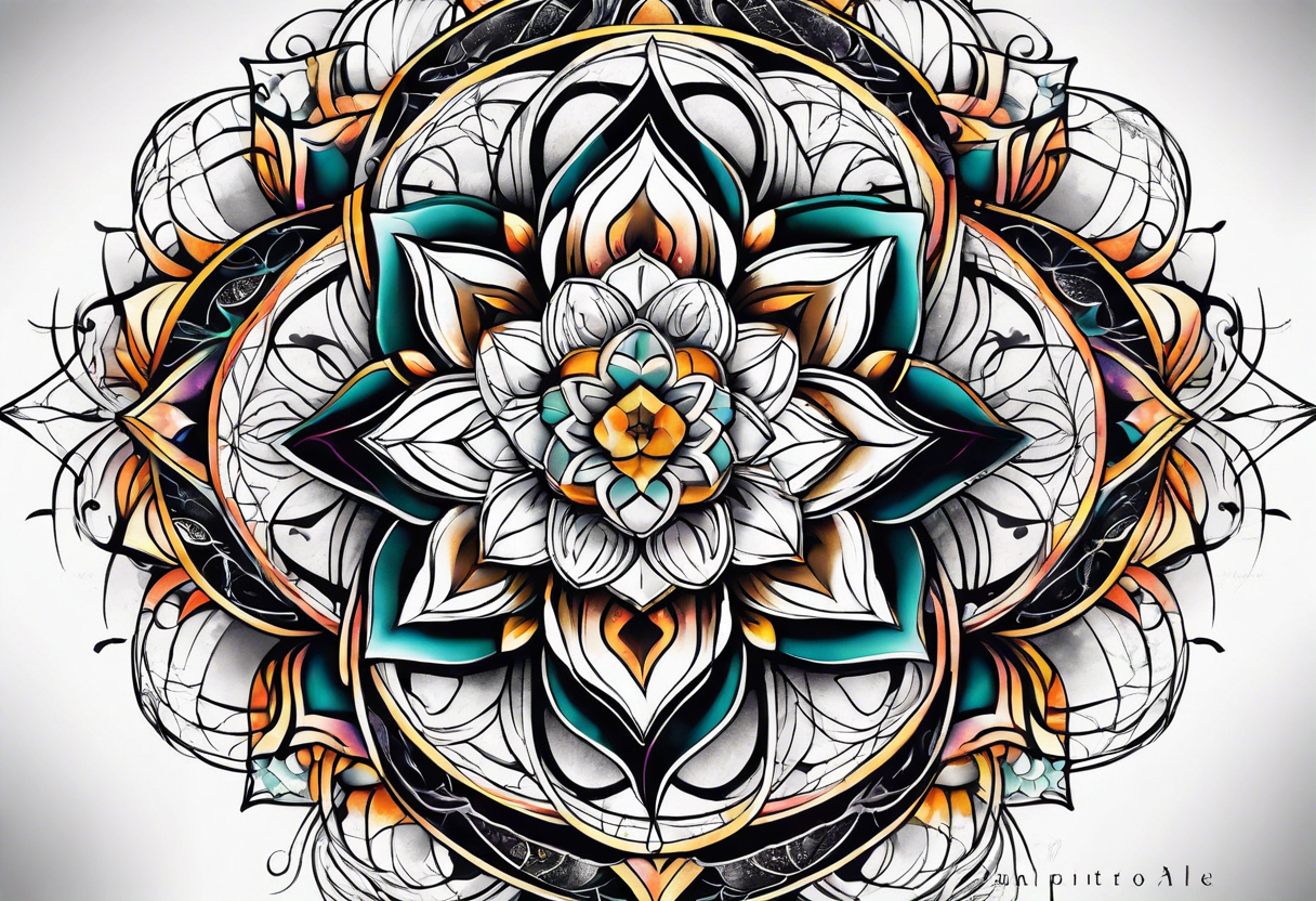 front knee tattoo with sacred geometry, swirls & washes, background washes tattoo idea