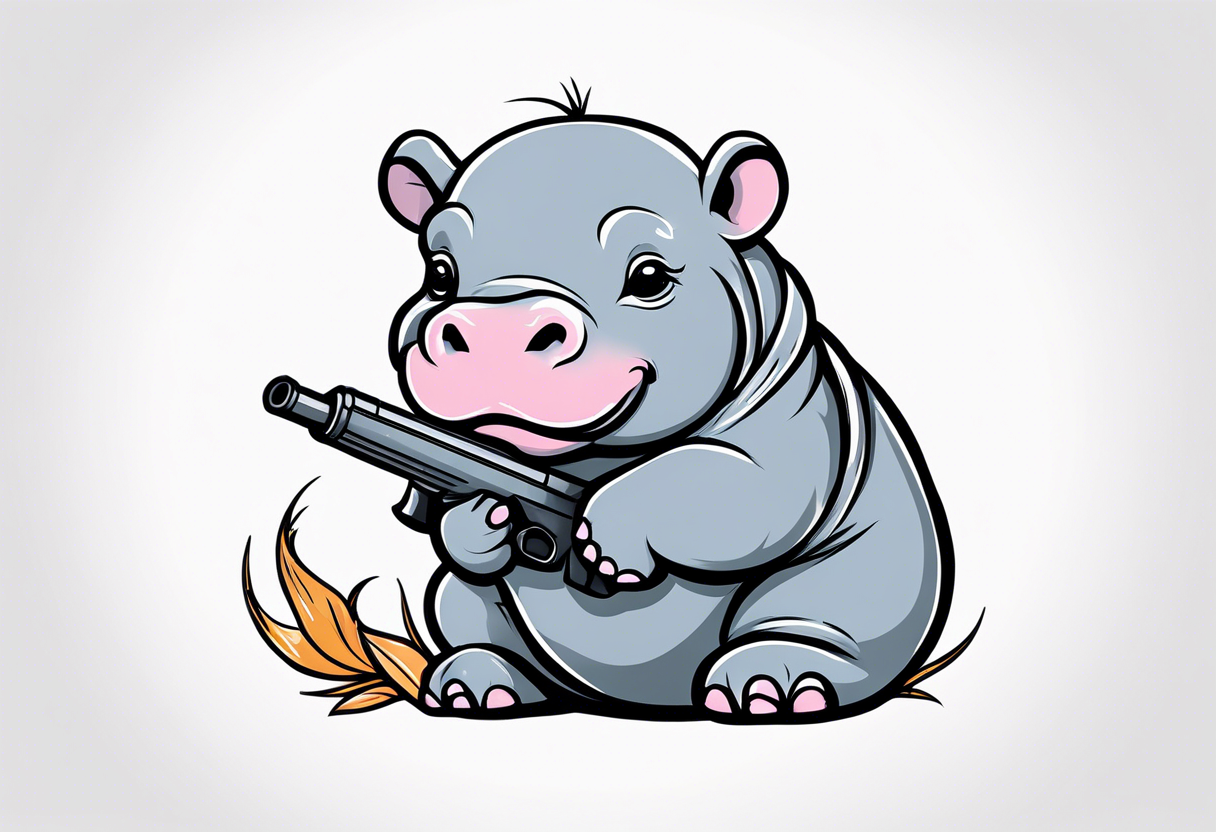 Baby hippo in a swaddle holding a weapon tattoo idea