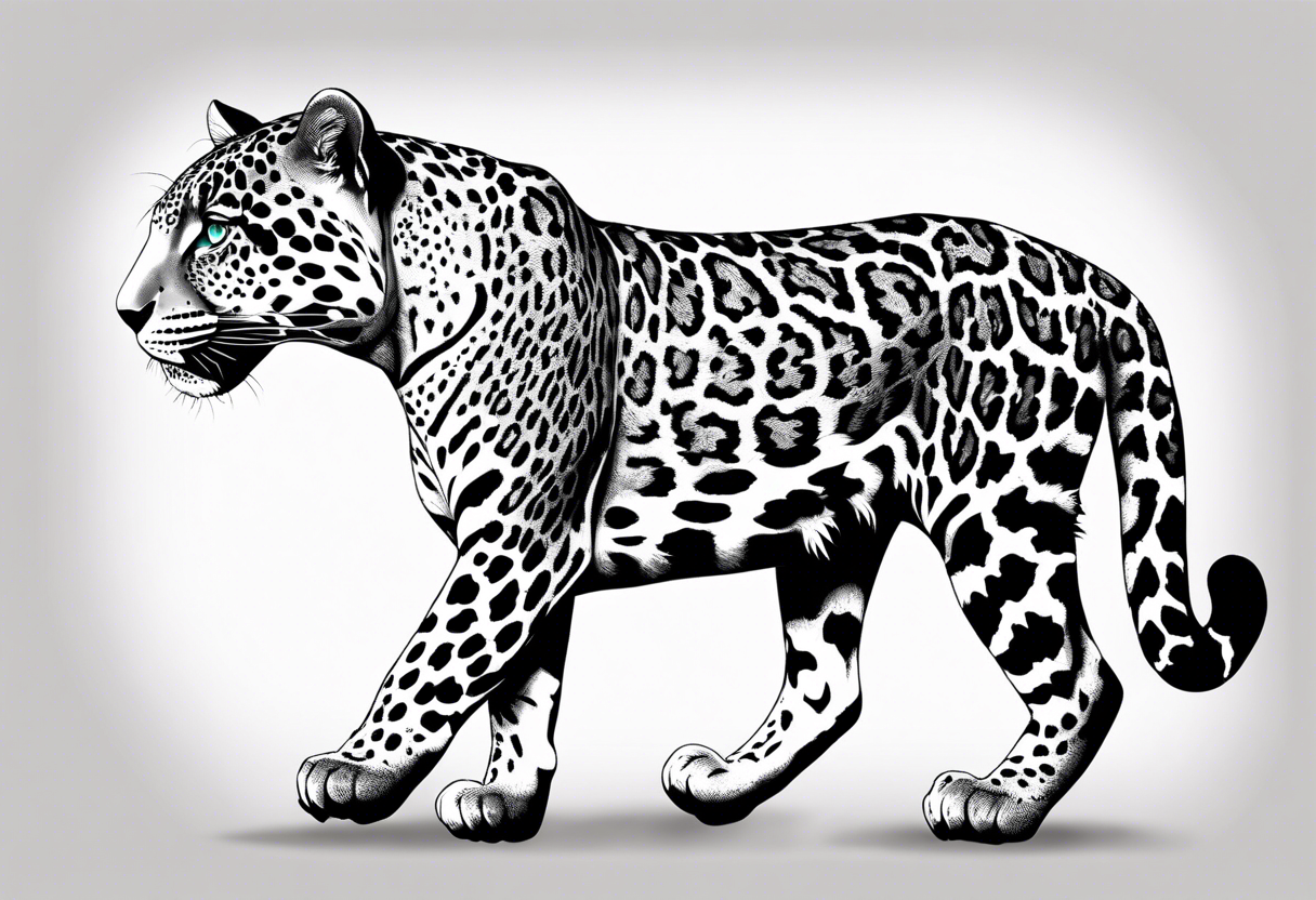 Create and black and grey realistic jaguar walking toward you with rainforest background for a forearm tattoo. Have the jaguars eye colored with emerald green and mouth open tattoo idea