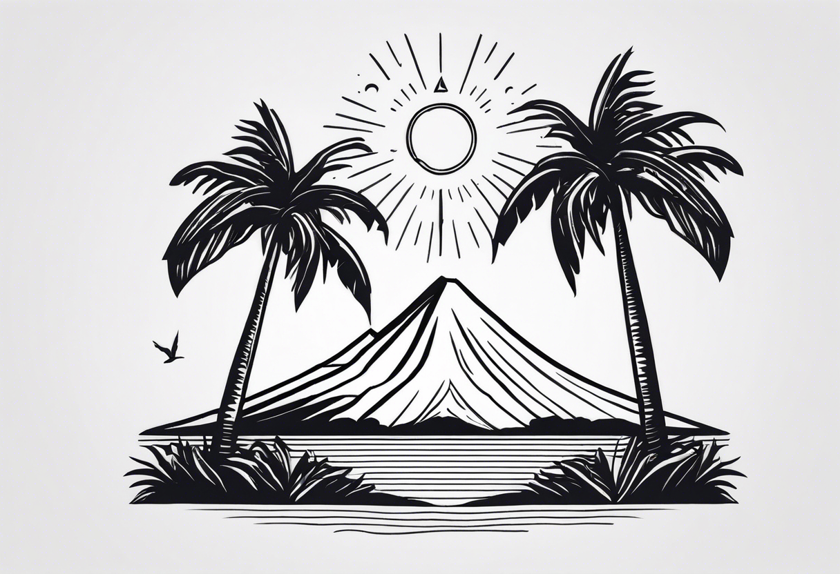 Fine line style. Thin and tall palmtree with a minimalist volcano in the back tattoo idea