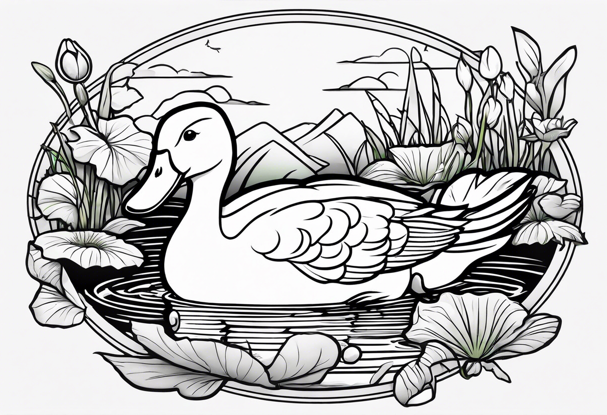 A white Duck a green toad and a moth playing together in a pond tattoo idea